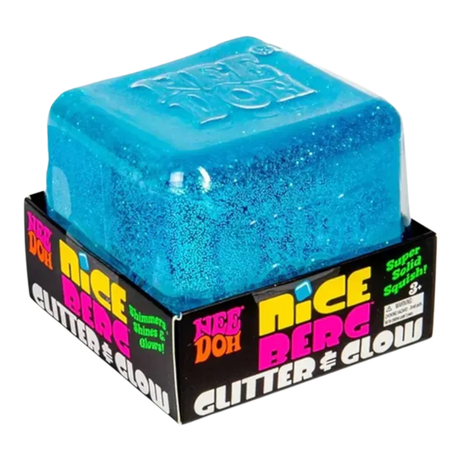 Squish Planet NeeDoh Nice Berg Glitter and Glow blue squishy fidget toy with a sparkling finish.
