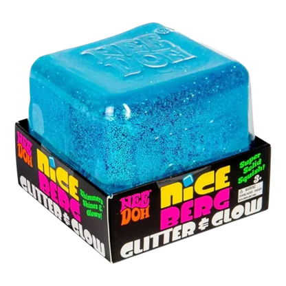 Squish Planet NeeDoh Nice Berg Glitter and Glow blue squishy fidget toy with a sparkling finish.