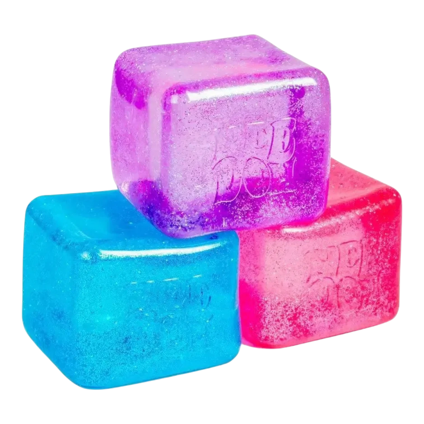 Squish Planet NeeDoh Nice Berg Glitter and Glow squishy fidget toy in blue, pink, and purple.