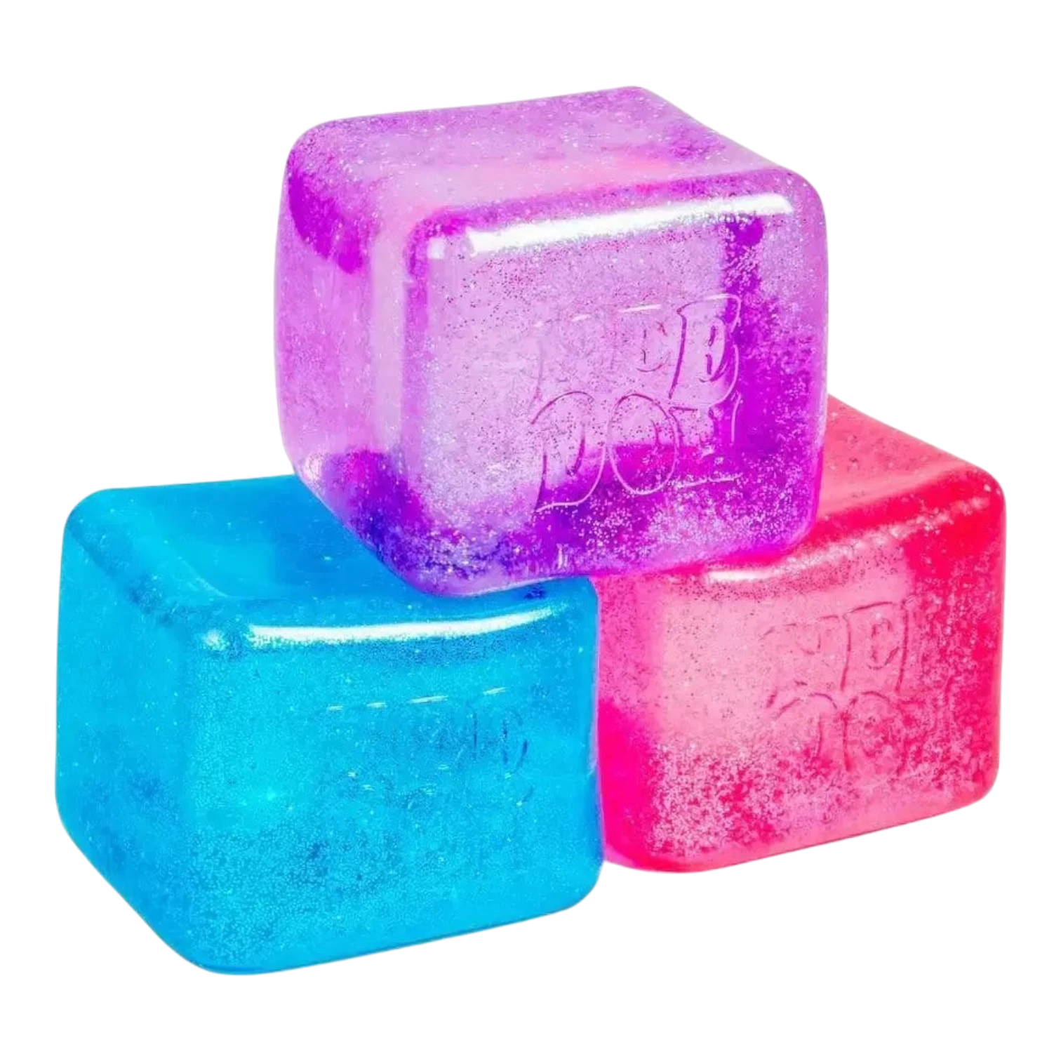 Squish Planet NeeDoh Nice Berg Glitter and Glow squishy fidget toy in blue, pink, and purple.