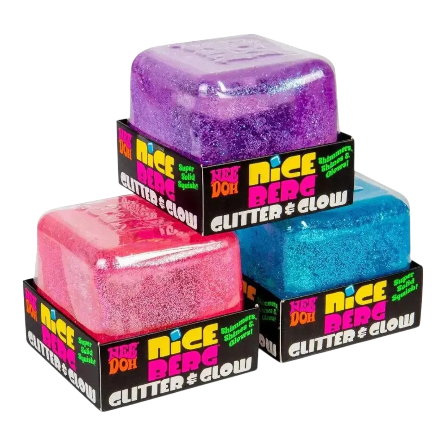 Squish Planet NeeDoh Nice Berg Glitter and Glow squishy fidget toys in pink, purple, and blue.
