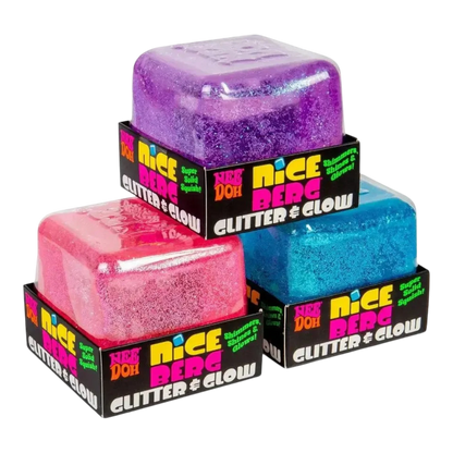 Squish Planet NeeDoh Nice Berg Glitter and Glow squishy fidget toys in pink, purple, and blue.