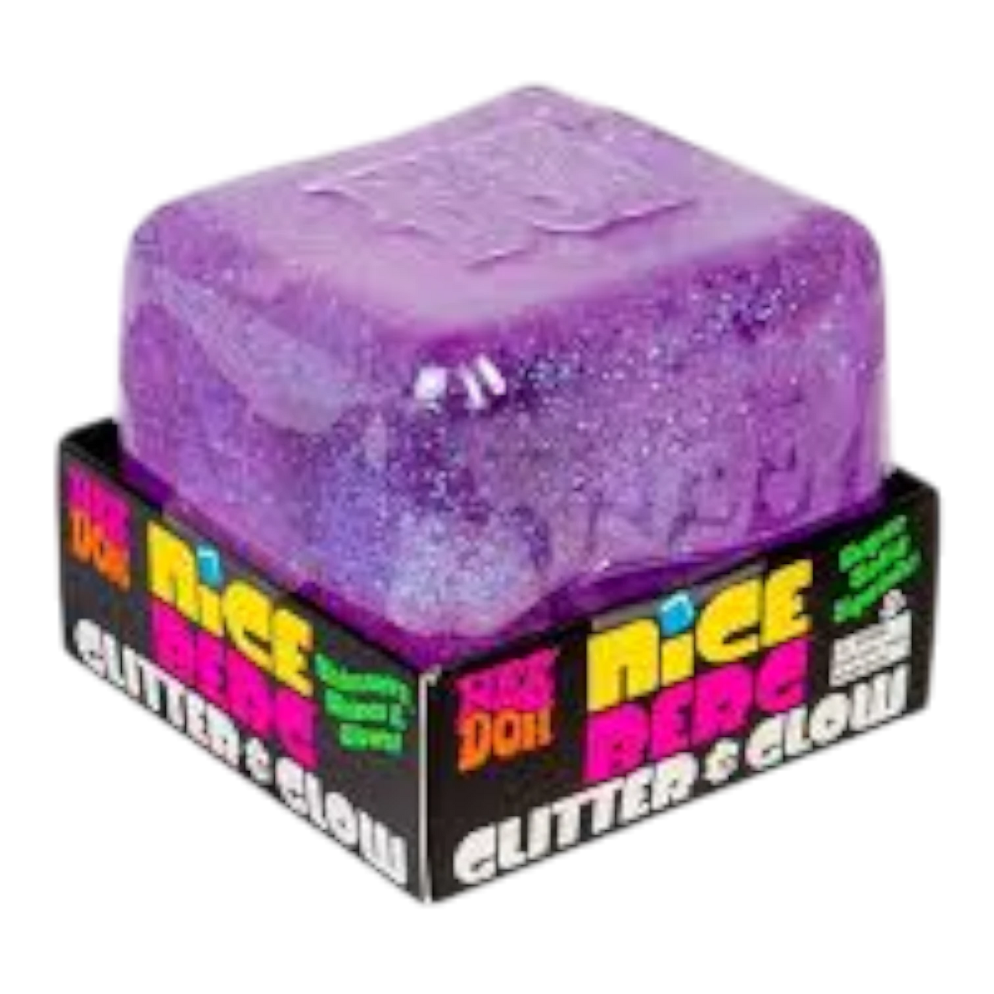 Squish Planet NeeDoh Nice Berg Glitter and Glow squishy fidget toy, purple, soft, slow-rising, ice-inspired shape, sparkling glitter finish.
