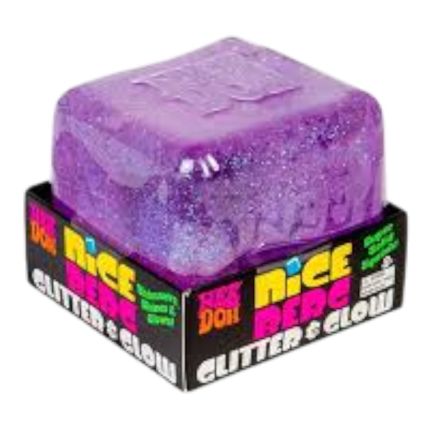 Squish Planet NeeDoh Nice Berg Glitter and Glow squishy fidget toy, purple, soft, slow-rising, ice-inspired shape, sparkling glitter finish.