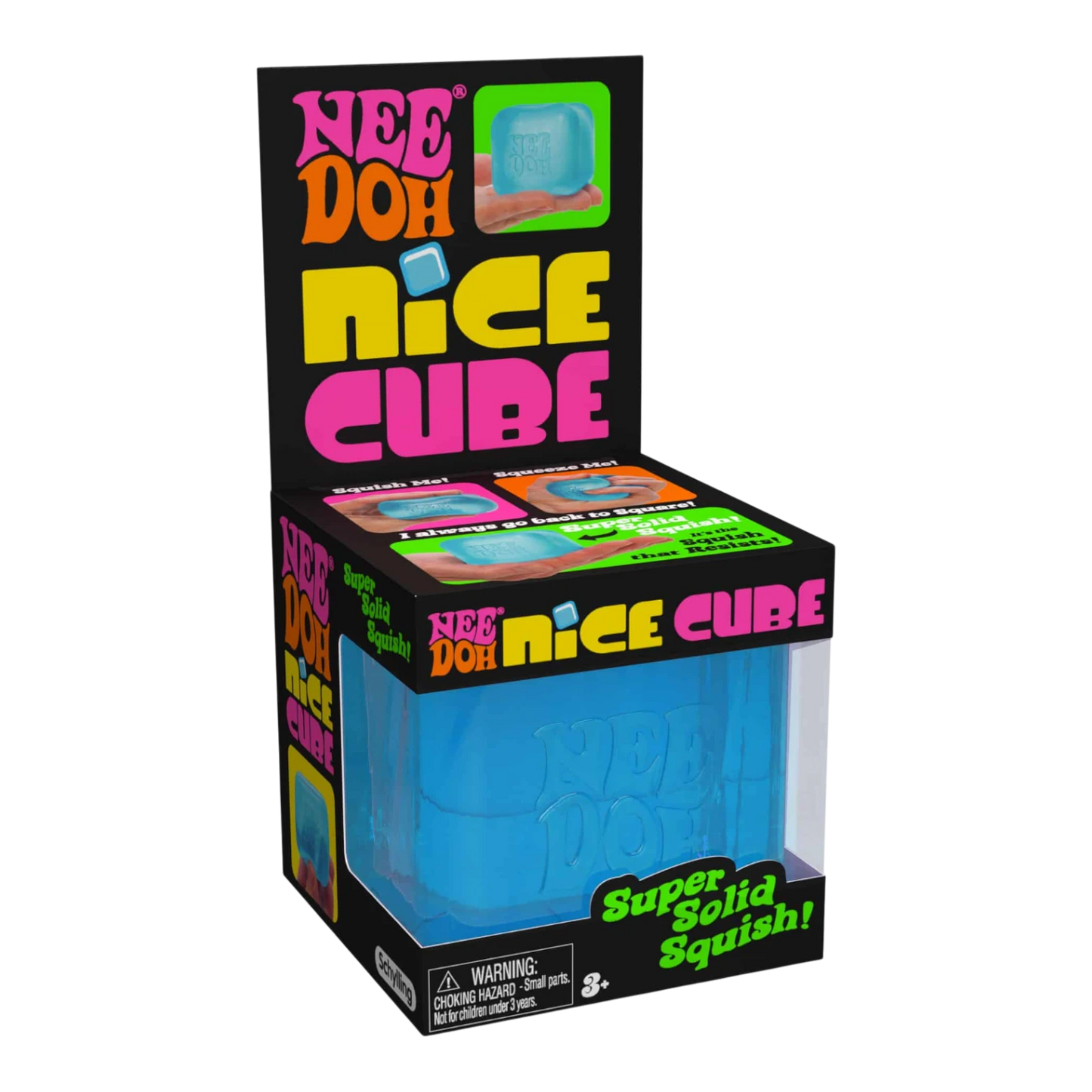 Squish Planet NeeDoh Nice Cube fidget toy, a blue, squishy, slow-rising cube for stress relief and focus.