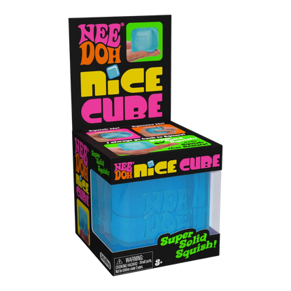 Squish Planet NeeDoh Nice Cube fidget toy, a blue, squishy, slow-rising cube for stress relief and focus.