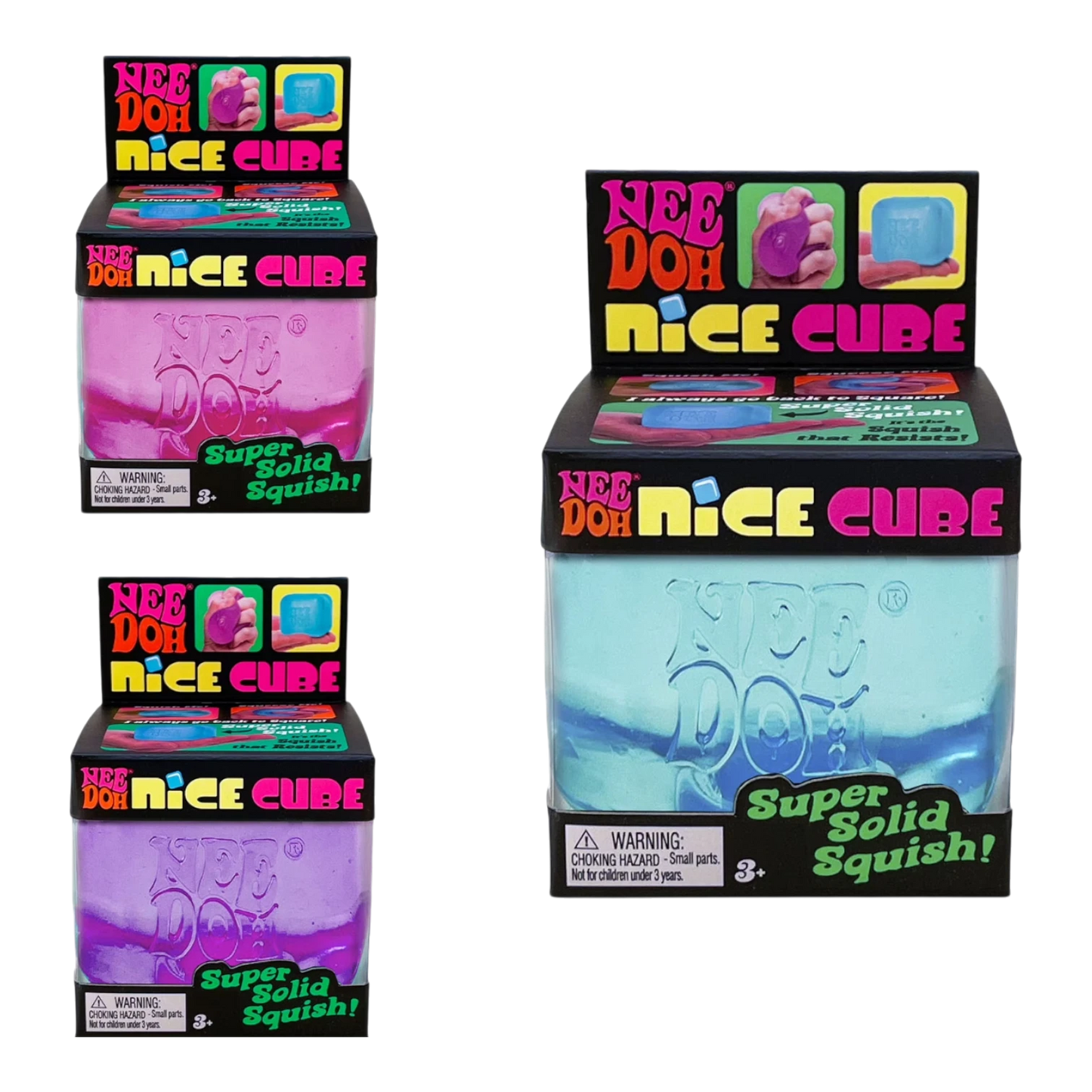 Squish Planet NeeDoh Nice Cube fidget toy in blue and pink, soft squishy compound for stress relief.