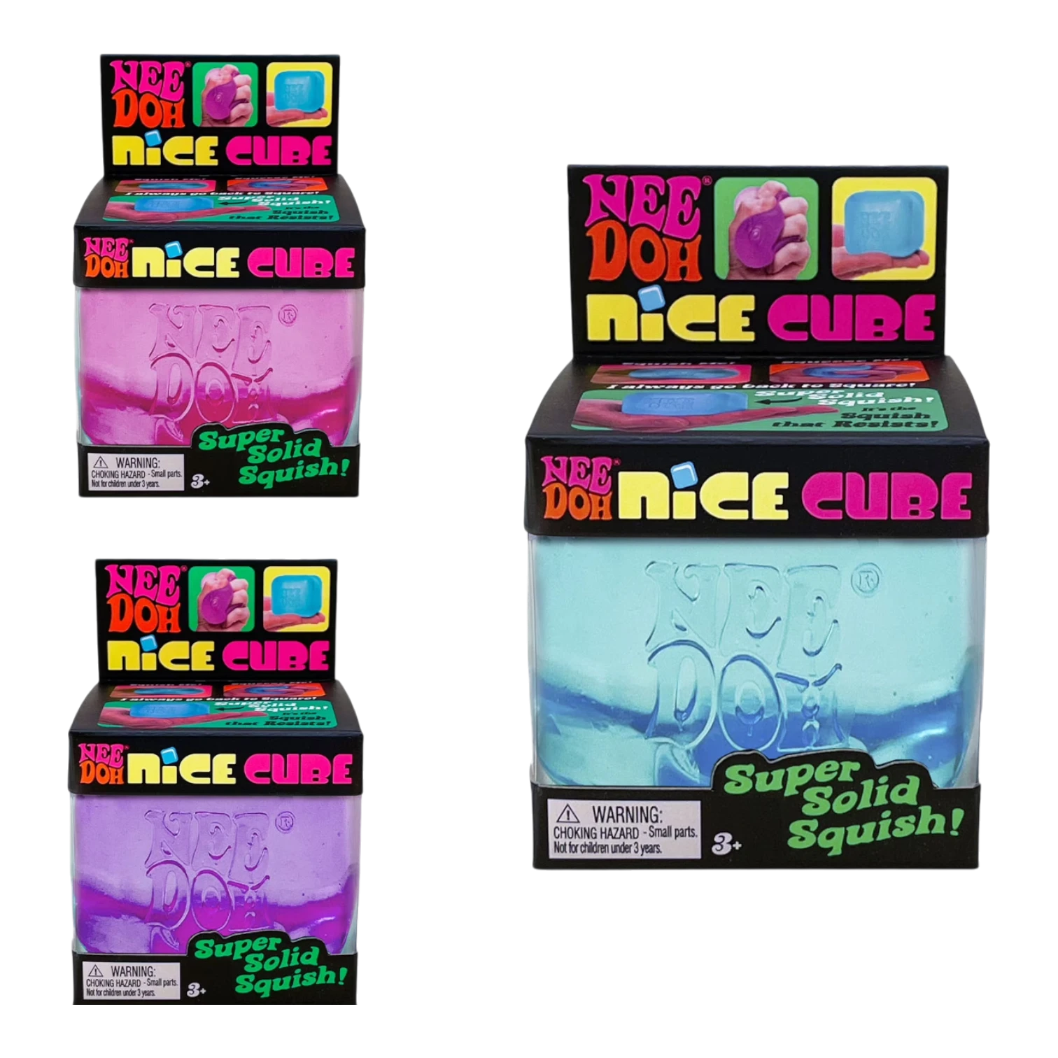 Squish Planet NeeDoh Nice Cube fidget toy in blue and pink, soft squishy compound for stress relief.
