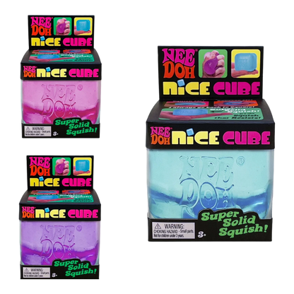 Squish Planet NeeDoh Nice Cube fidget toy in blue and pink, soft squishy compound for stress relief.