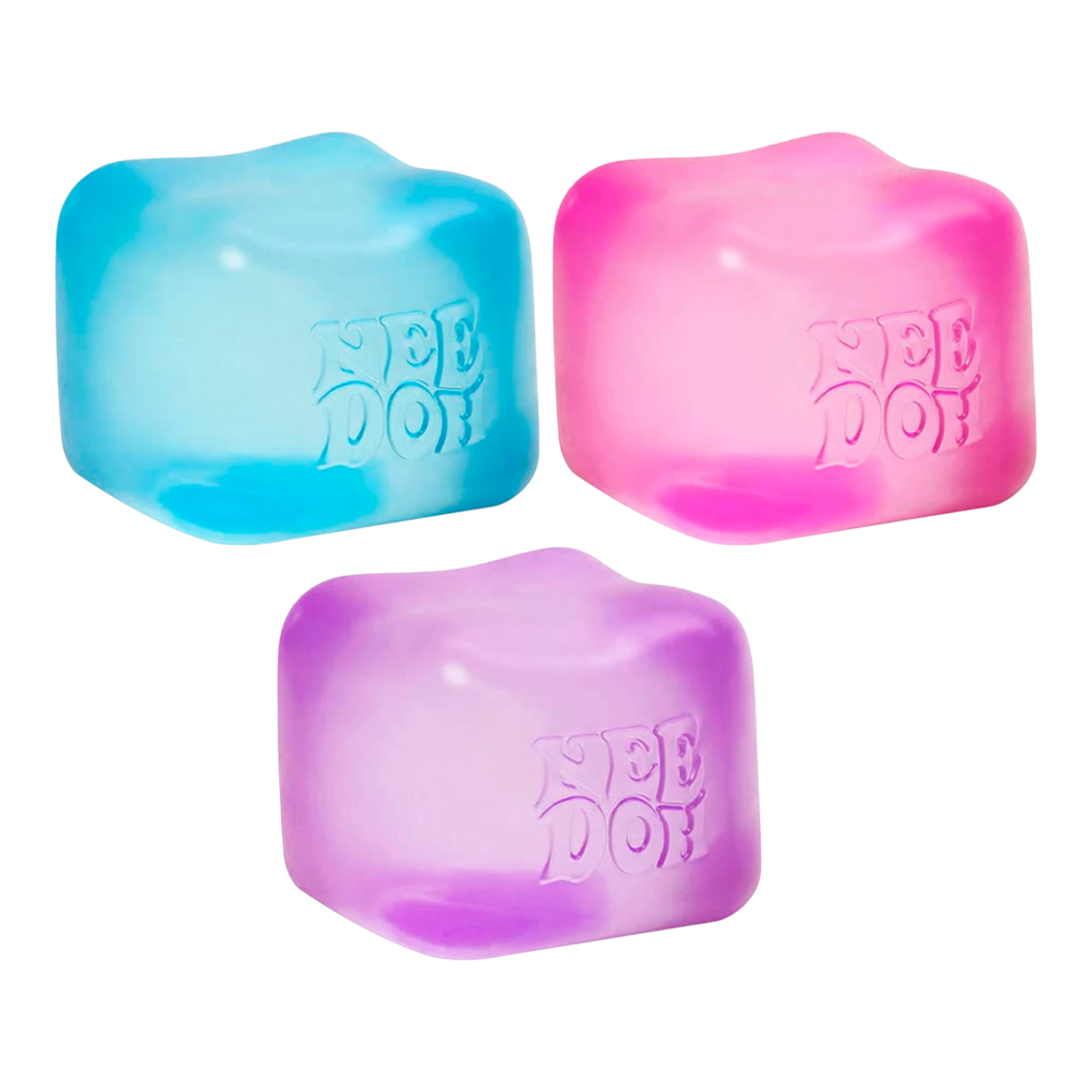 Squish Planet NeeDoh Nice Cube fidget toy in blue, pink, and purple. Soft, squishy, slow-rising cube for stress relief and focus.