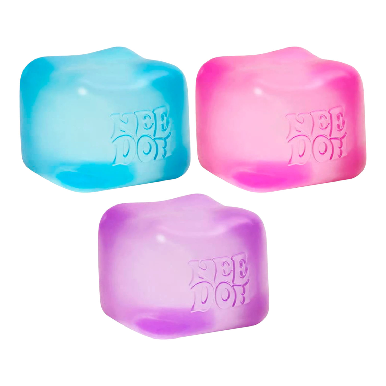 Squish Planet NeeDoh Nice Cube fidget toy in blue, pink, and purple. Soft, squishy, slow-rising cube for stress relief and focus.