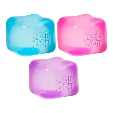 Squish Planet NeeDoh Nice Cube fidget toy in blue, pink, and purple. Soft, squishy, slow-rising cube for stress relief and focus.
