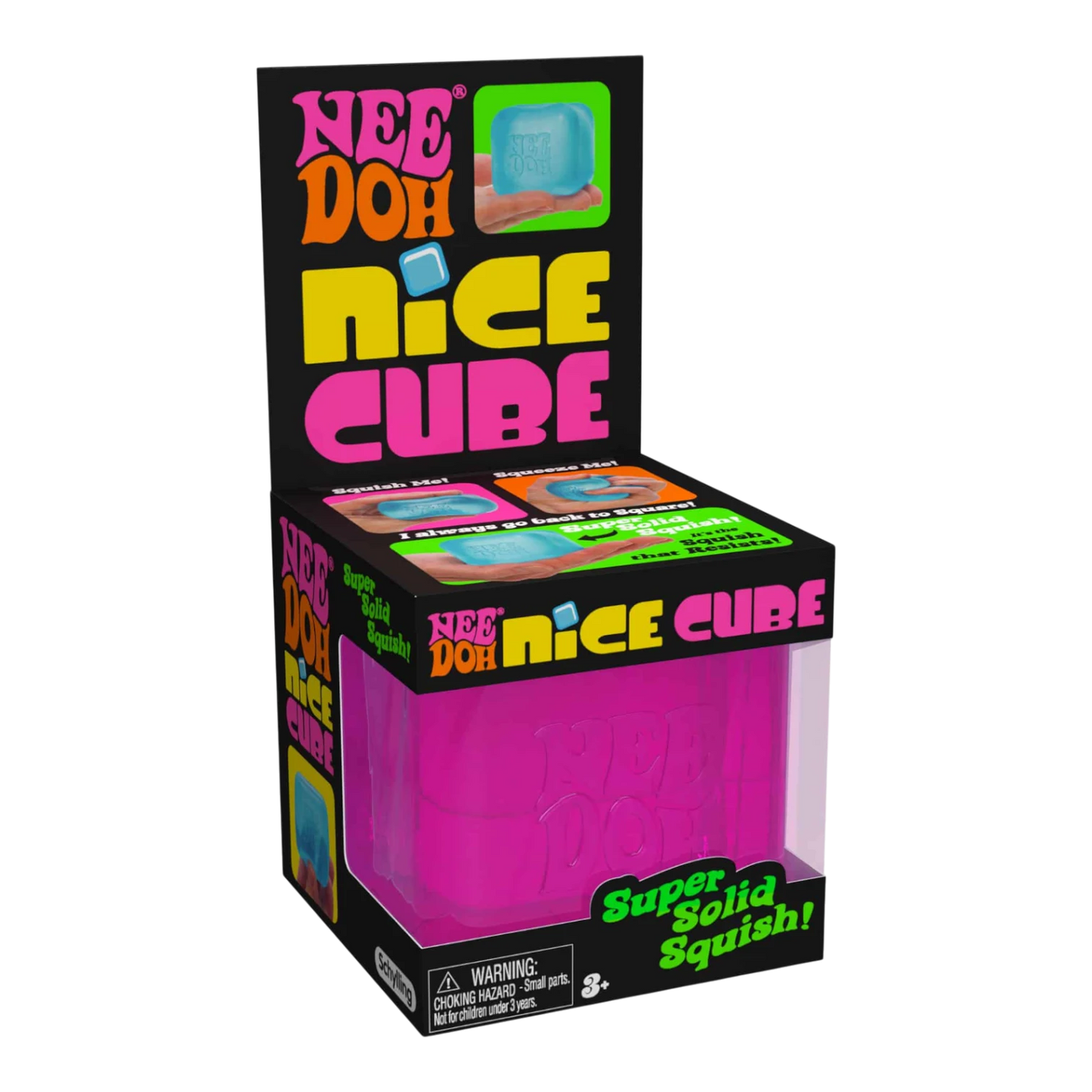 Squish Planet NeeDoh Nice Cube fidget toy, a bright pink cube with a soft, squishy texture for stress relief and focus.