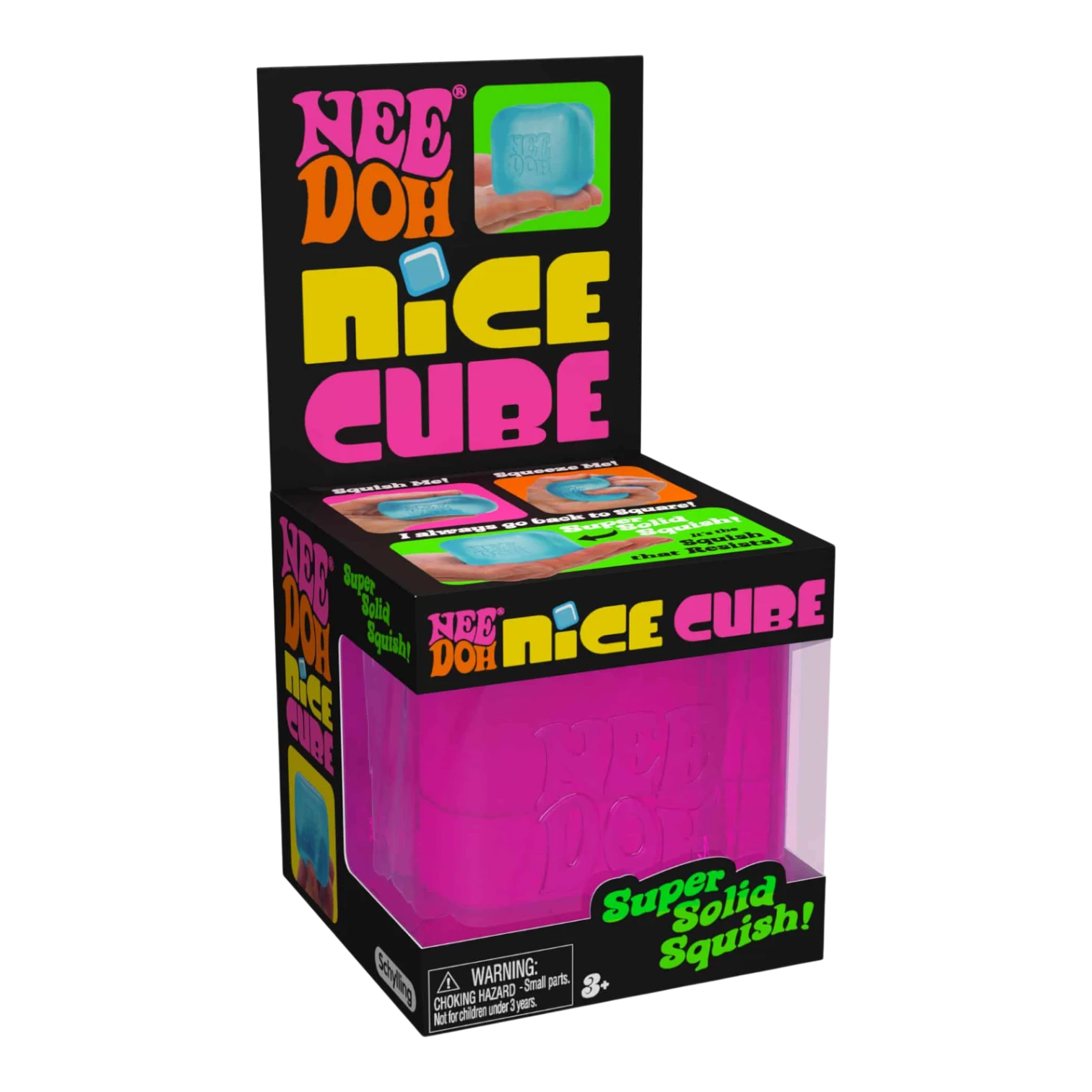 Squish Planet NeeDoh Nice Cube fidget toy, a bright pink cube with a soft, squishy texture for stress relief and focus.