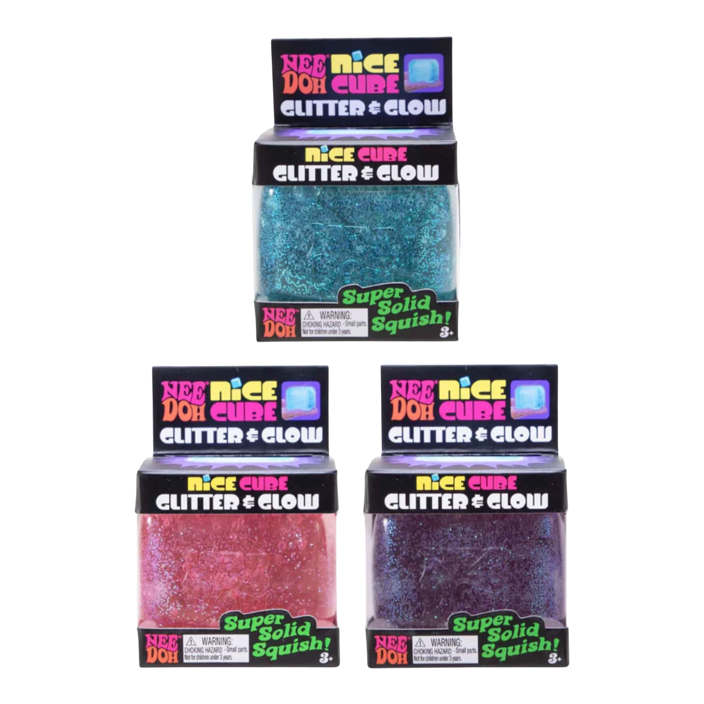Squish Planet NeeDoh Nice Cube Glitter and Glow fidget toy in blue, pink, and purple. Squishy sensory cube with glitter.