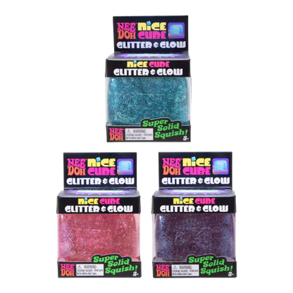 Squish Planet NeeDoh Nice Cube Glitter and Glow fidget toy in blue, pink, and purple. Squishy sensory cube with glitter.