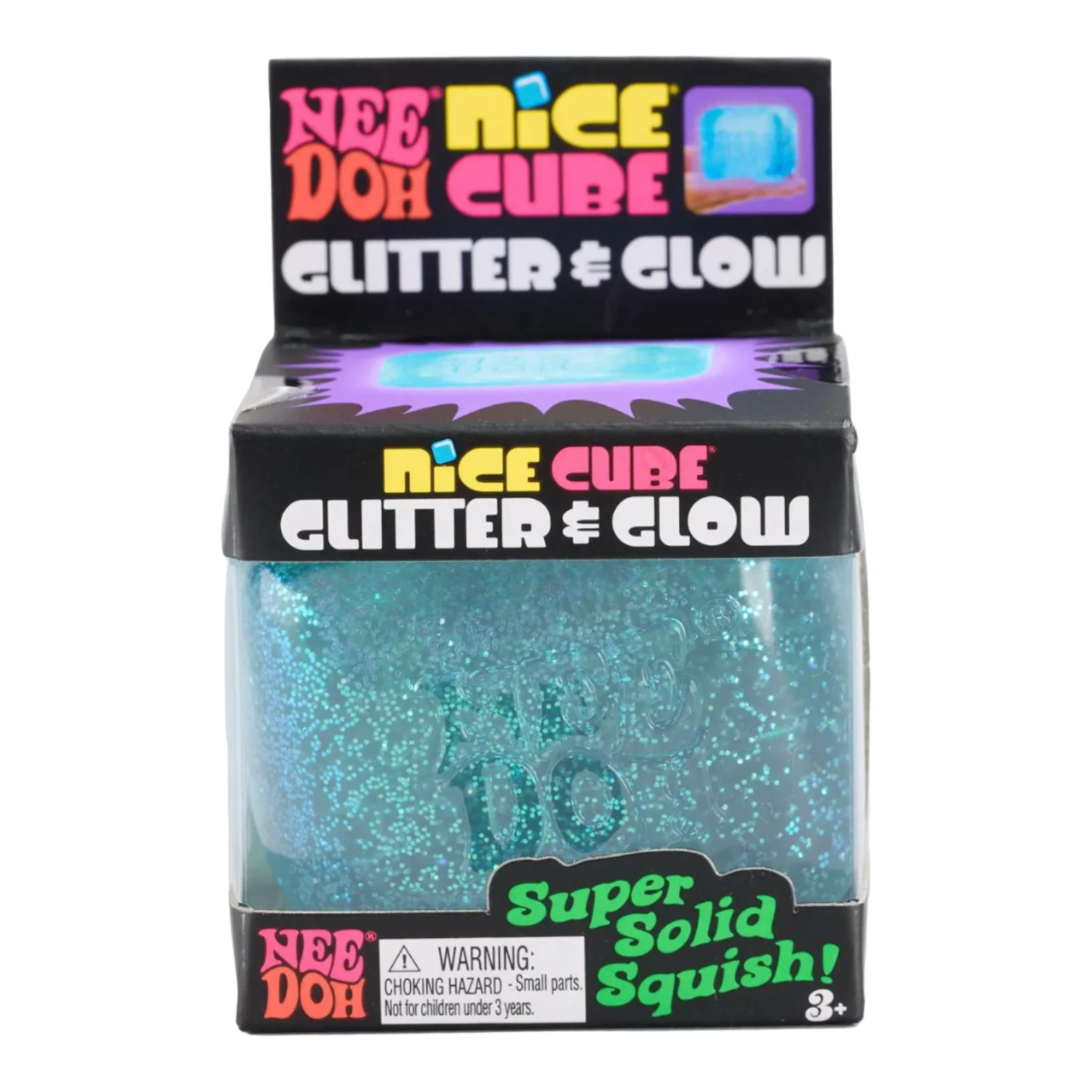 Squish Planet NeeDoh Nice Cube Glitter and Glow sensory toy, a blue squishy cube with glitter and a soft texture for stress relief.