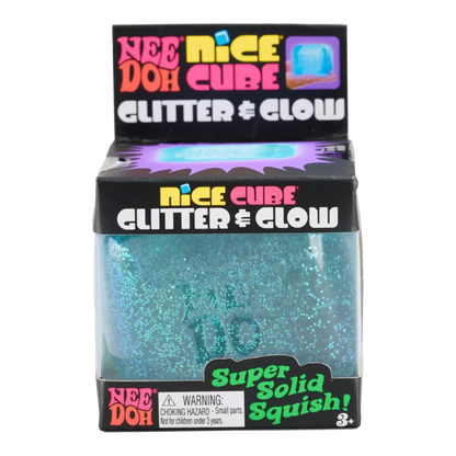 Squish Planet NeeDoh Nice Cube Glitter and Glow sensory toy, a blue squishy cube with glitter and a soft texture for stress relief.