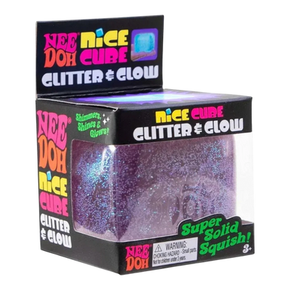 Squish Planet NeeDoh Nice Cube Glitter and Glow sensory fidget toy, a purple squishy cube with blue glitter.
