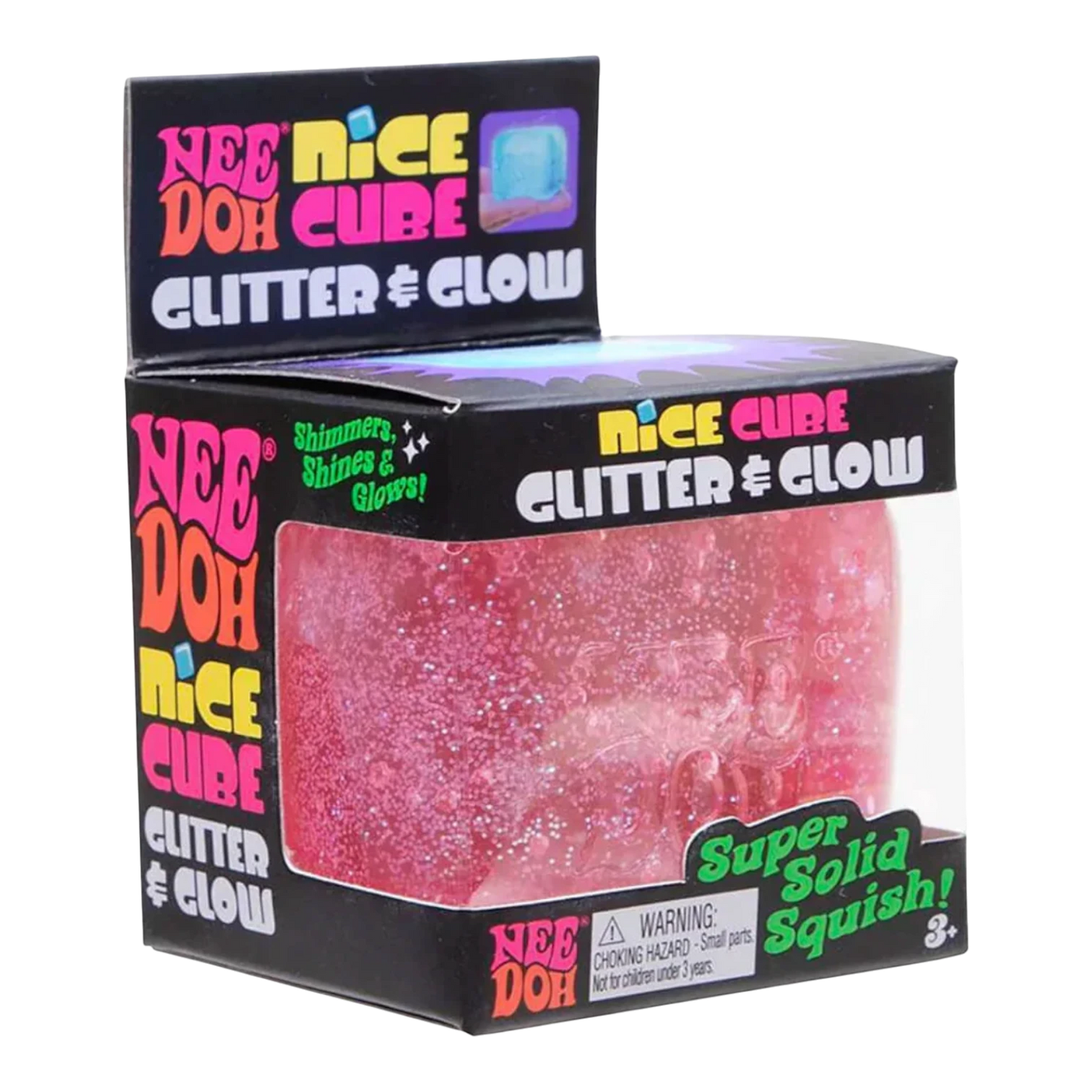 Squish Planet NeeDoh Nice Cube Glitter and Glow sensory toy, a pink squishy cube with glitter.