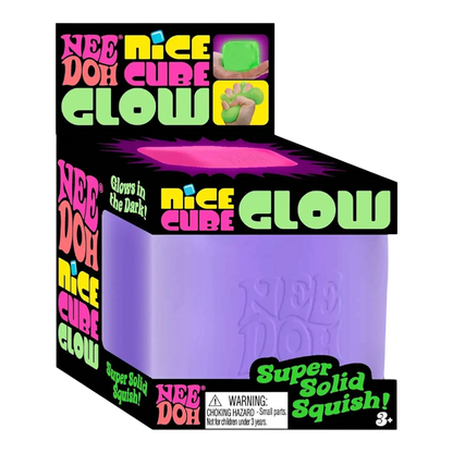 Squish Planet NeeDoh Nice Cube Glow in blue, a soft, squishy fidget toy that glows in the dark and offers stress relief.