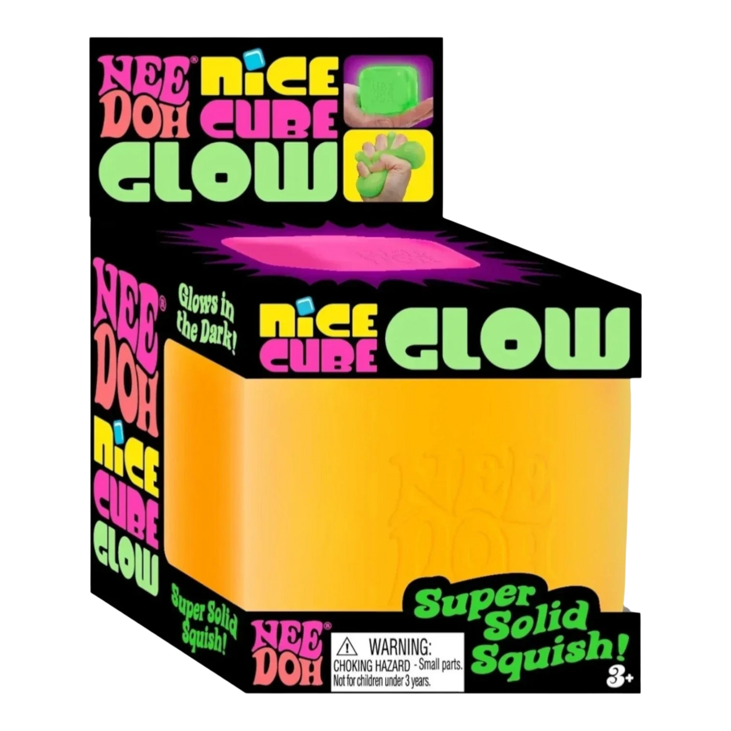 Squish Planet NeeDoh Nice Cube Glow in blue, a soft squishy fidget toy that glows in the dark and offers stress relief.
