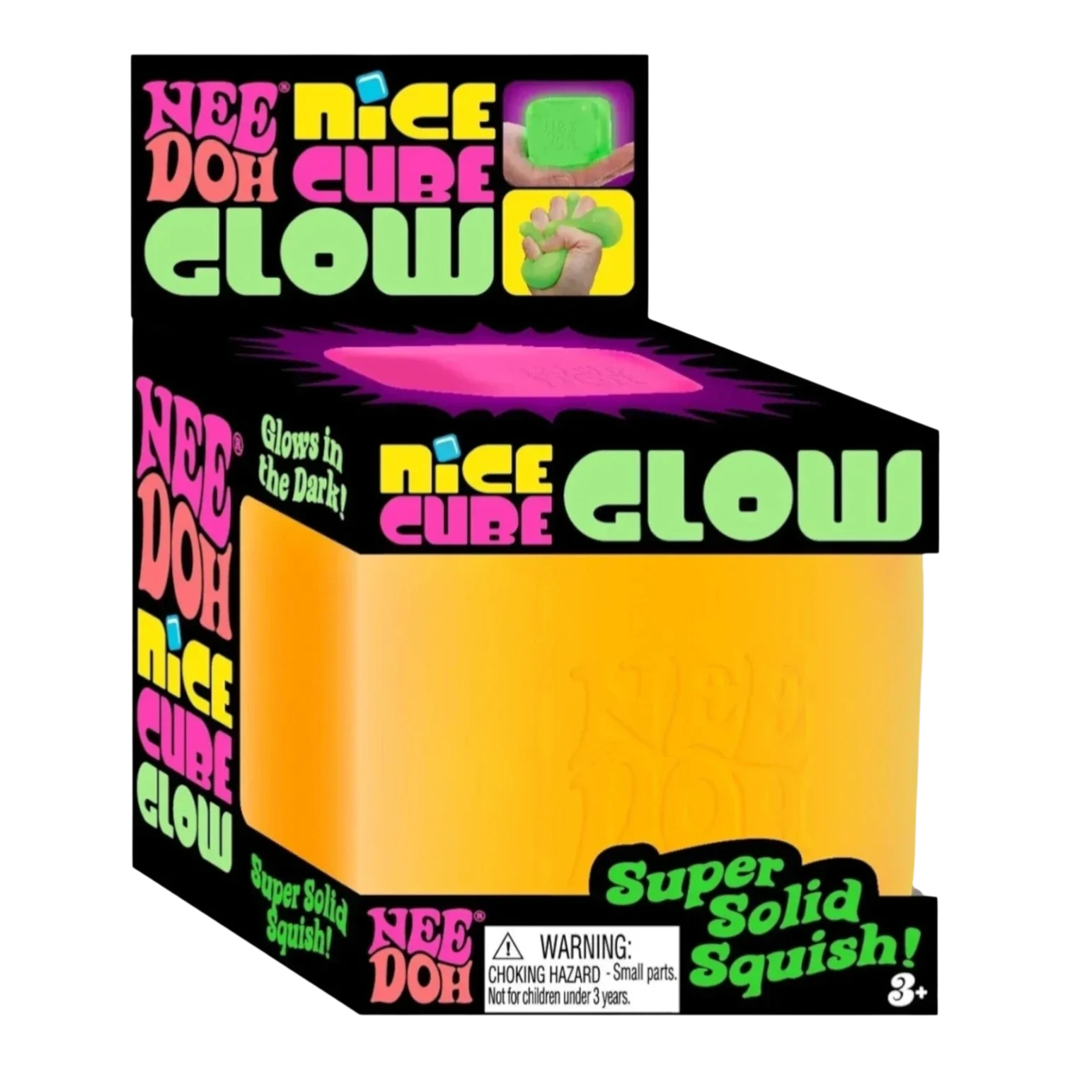 Squish Planet NeeDoh Nice Cube Glow in blue, a soft squishy fidget toy that glows in the dark and offers stress relief.