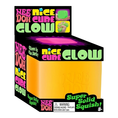 Squish Planet NeeDoh Nice Cube Glow in blue, a soft squishy fidget toy that glows in the dark and offers stress relief.