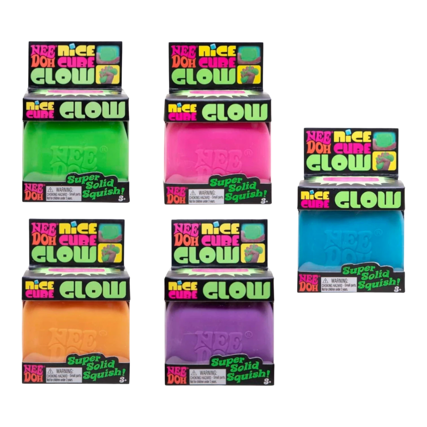 Squish Planet NeeDoh Nice Cube Glow squishy fidget toy in blue, a stress-relief cube with a soft, slow-rising texture and glow effect.