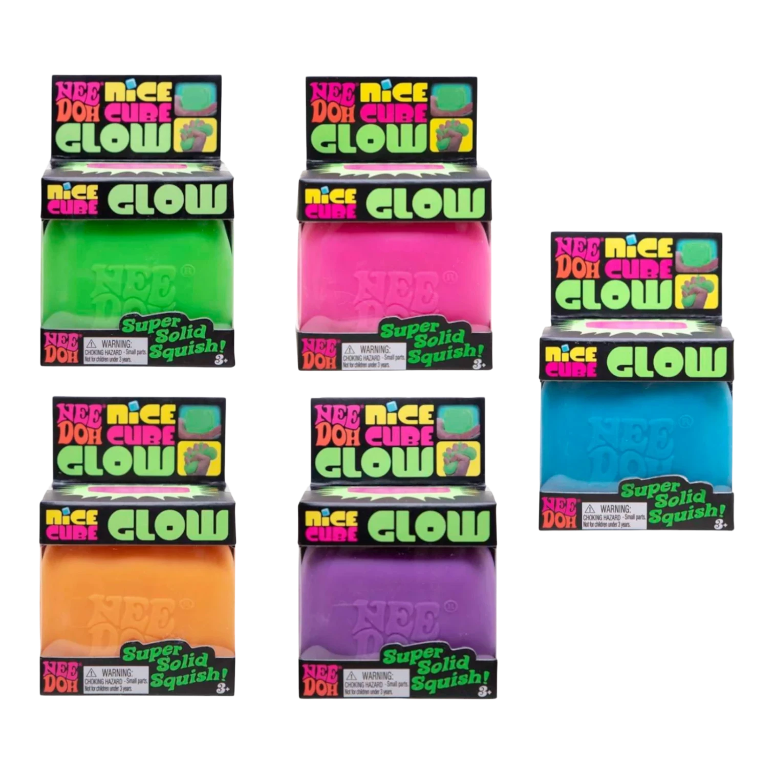 Squish Planet NeeDoh Nice Cube Glow squishy fidget toy in blue, a stress-relief cube with a soft, slow-rising texture and glow effect.