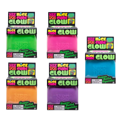 Squish Planet NeeDoh Nice Cube Glow squishy fidget toy in blue, a stress-relief cube with a soft, slow-rising texture and glow effect.