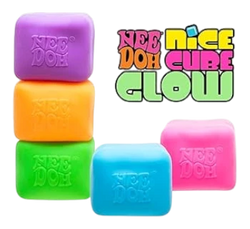 Squish Planet NeeDoh Nice Cube Glow fidget toy in blue, a soft, slow-rising squishy cube with a glow-inspired finish for stress relief and focus.