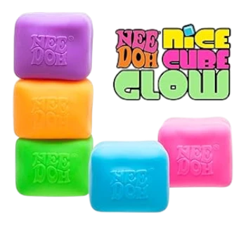 Squish Planet NeeDoh Nice Cube Glow fidget toy in blue, a soft, slow-rising squishy cube with a glow-inspired finish for stress relief and focus.
