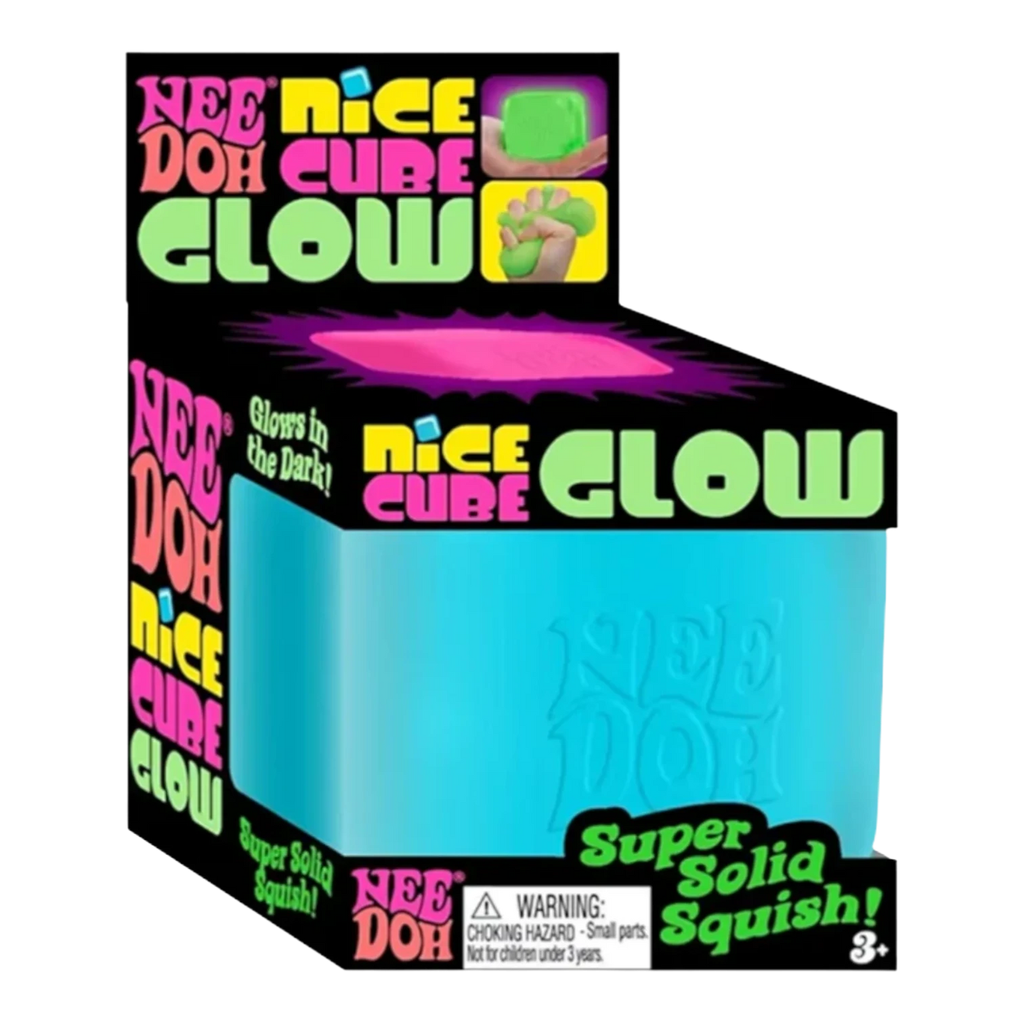 Squish Planet NeeDoh Nice Cube Glow in blue, a soft, squishy fidget toy that glows in the dark.
