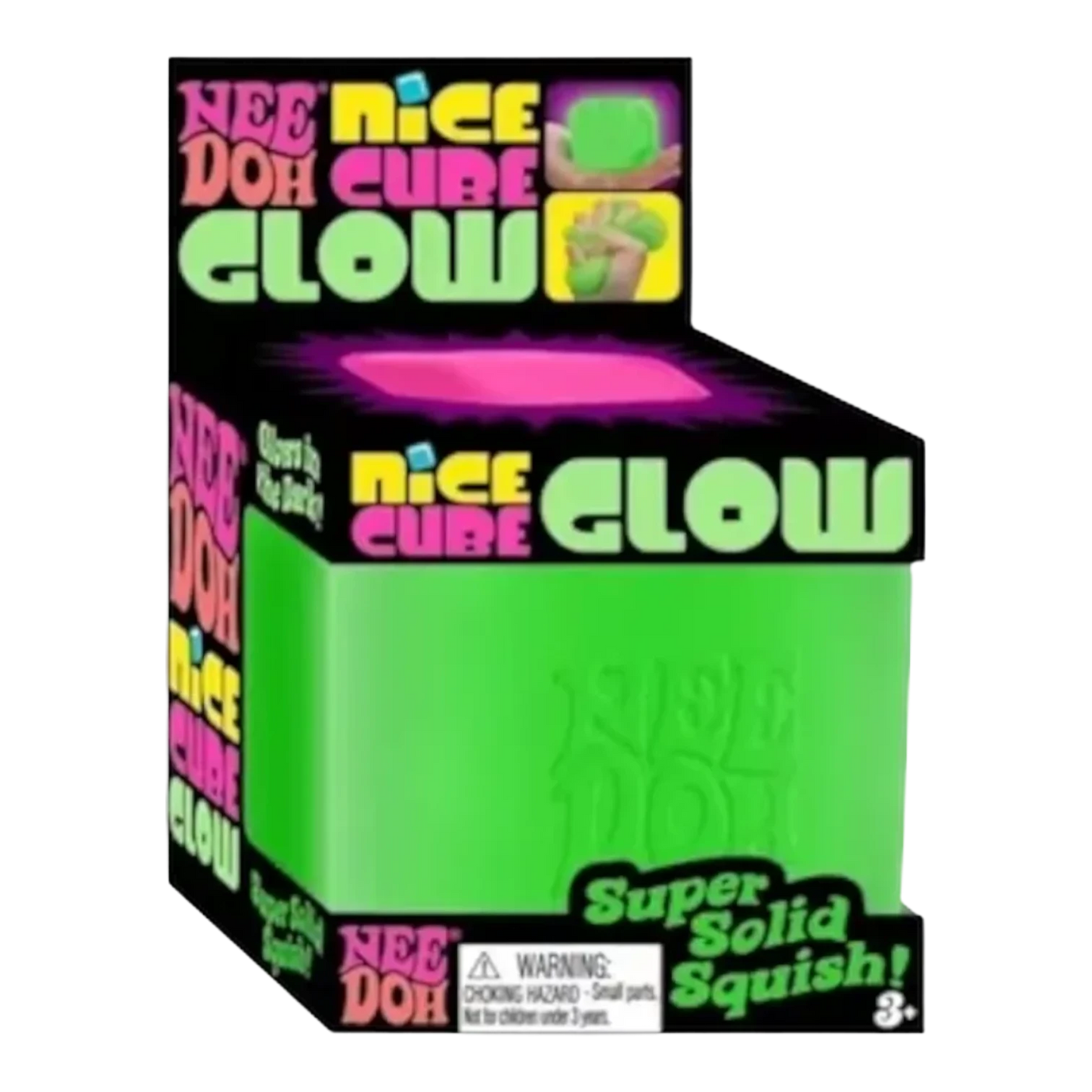 Squish Planet NeeDoh Nice Cube Glow in bright green, a squishy fidget toy with a glow-in-the-dark effect.