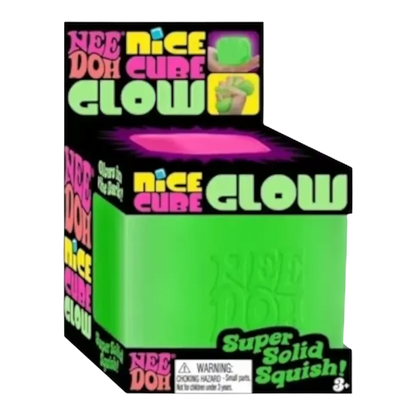 Squish Planet NeeDoh Nice Cube Glow in bright green, a squishy fidget toy with a glow-in-the-dark effect.