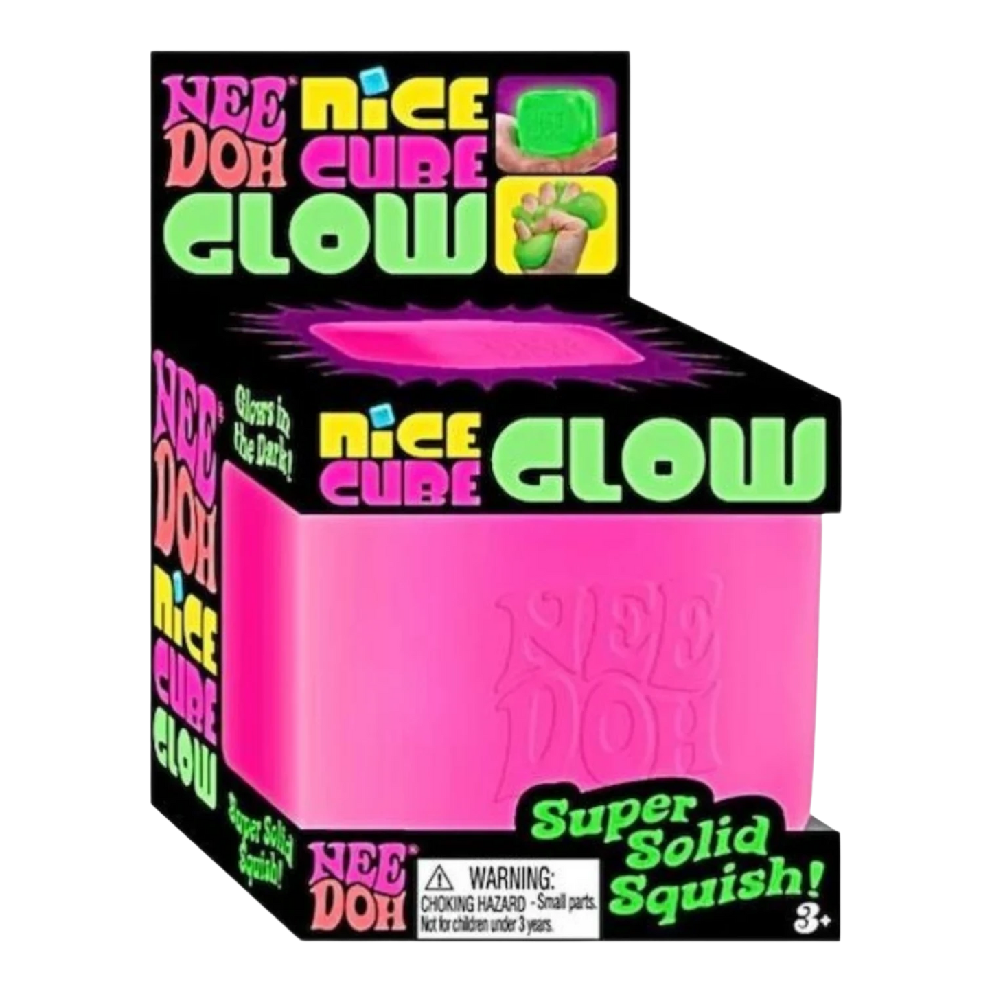 Squish Planet NeeDoh Nice Cube Glow in pink, a soft squishy fidget toy with a glow-in-the-dark effect.