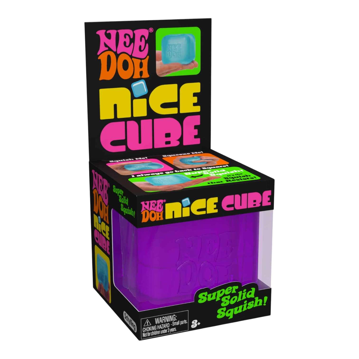 Squish Planet NeeDoh Nice Cube fidget toy, a purple squishy cube with "Nee Doh" embossed on it, designed for stress relief and focus.