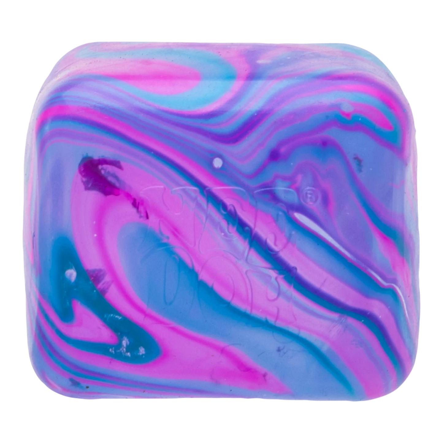 Squish Planet NeeDoh Nice Cube Swirl Super Squeeze fidget toy in pink, purple, and blue swirl pattern. Soft, squishy compound.