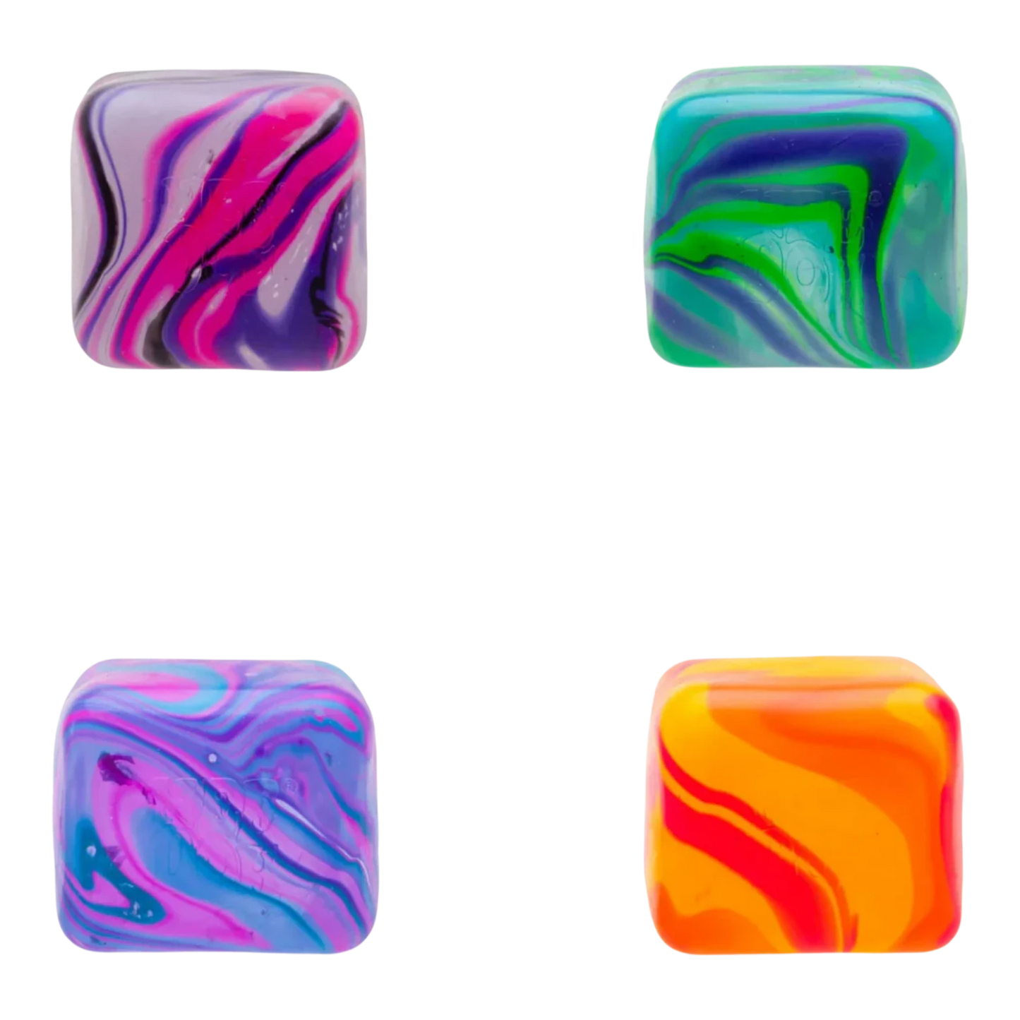 Squish Planet NeeDoh Nice Cube Swirl Super Squeeze fidget toy with pink, purple, blue, green, and orange swirls.