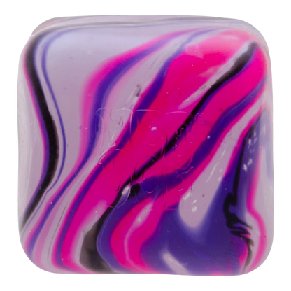 Squish Planet NeeDoh Nice Cube Swirl Super Squeeze fidget toy in pink, purple, and black swirls. Soft, squishy cube.