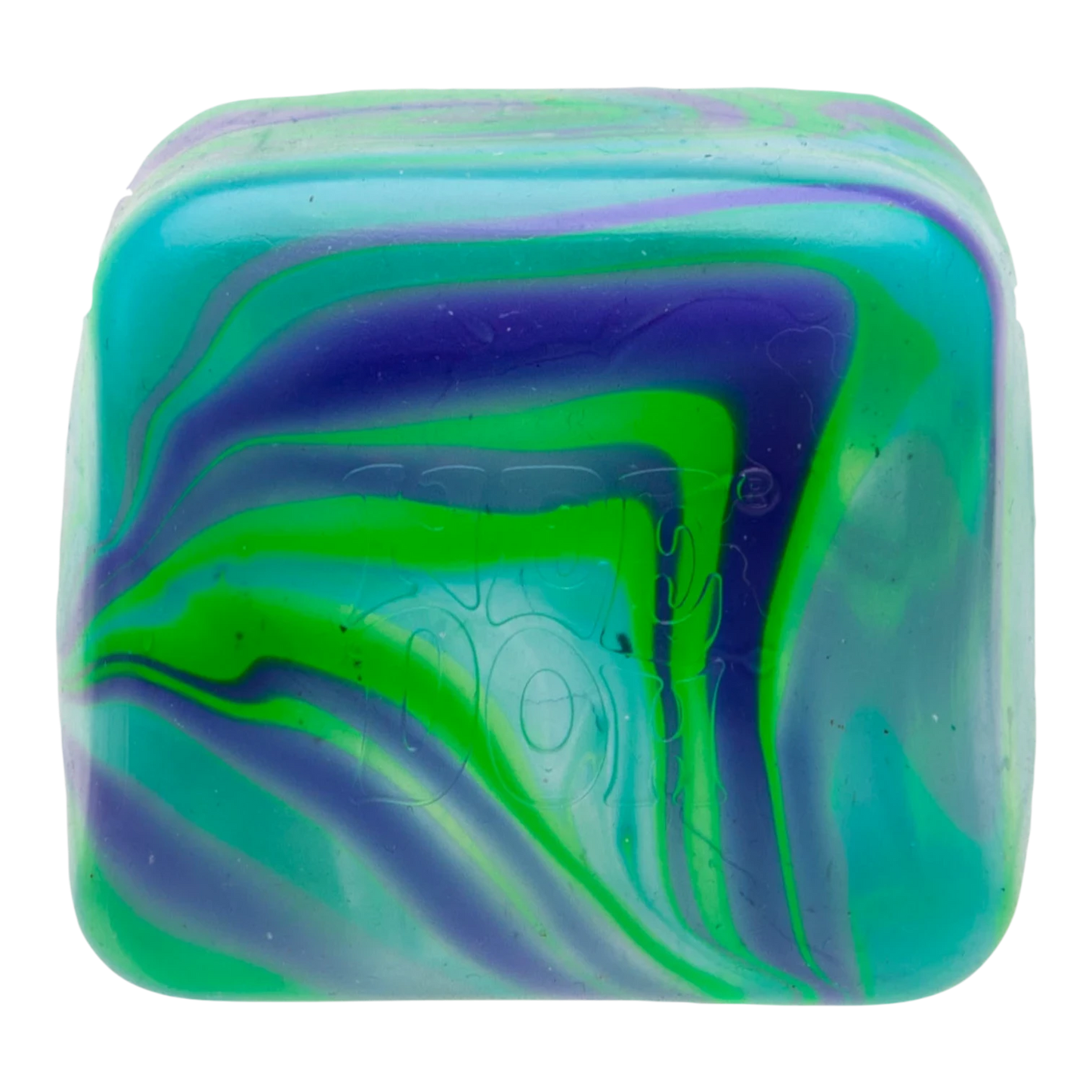Squish Planet NeeDoh Nice Cube Swirl Super Squeeze fidget toy with blue, green, and purple swirls. Soft, squishy, slow-rising compound.