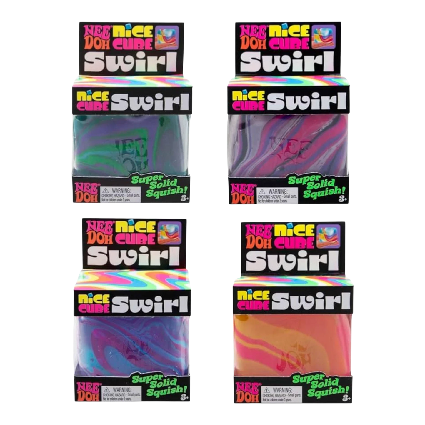Squish Planet NeeDoh Nice Cube Swirl Super Squeeze fidget toy with multi-color swirl design. Soft, squishy, stress-relief cube.