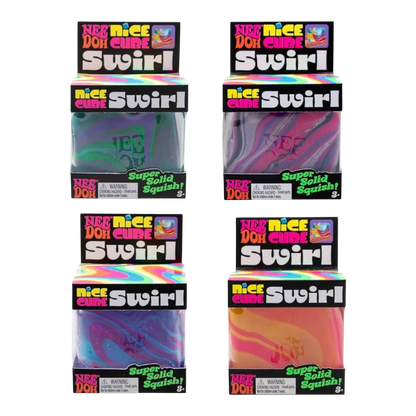 Squish Planet NeeDoh Nice Cube Swirl Super Squeeze fidget toy with multi-color swirl design. Soft, squishy, stress-relief cube.
