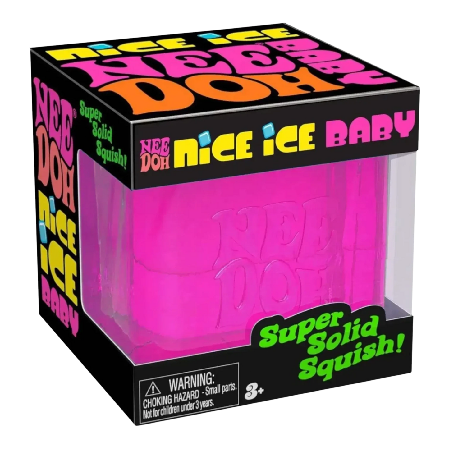 Squish Planet NeeDoh Nice Ice Baby fidget toy, a bright pink, squishy, slow-rising sensory compound toy in its packaging.
