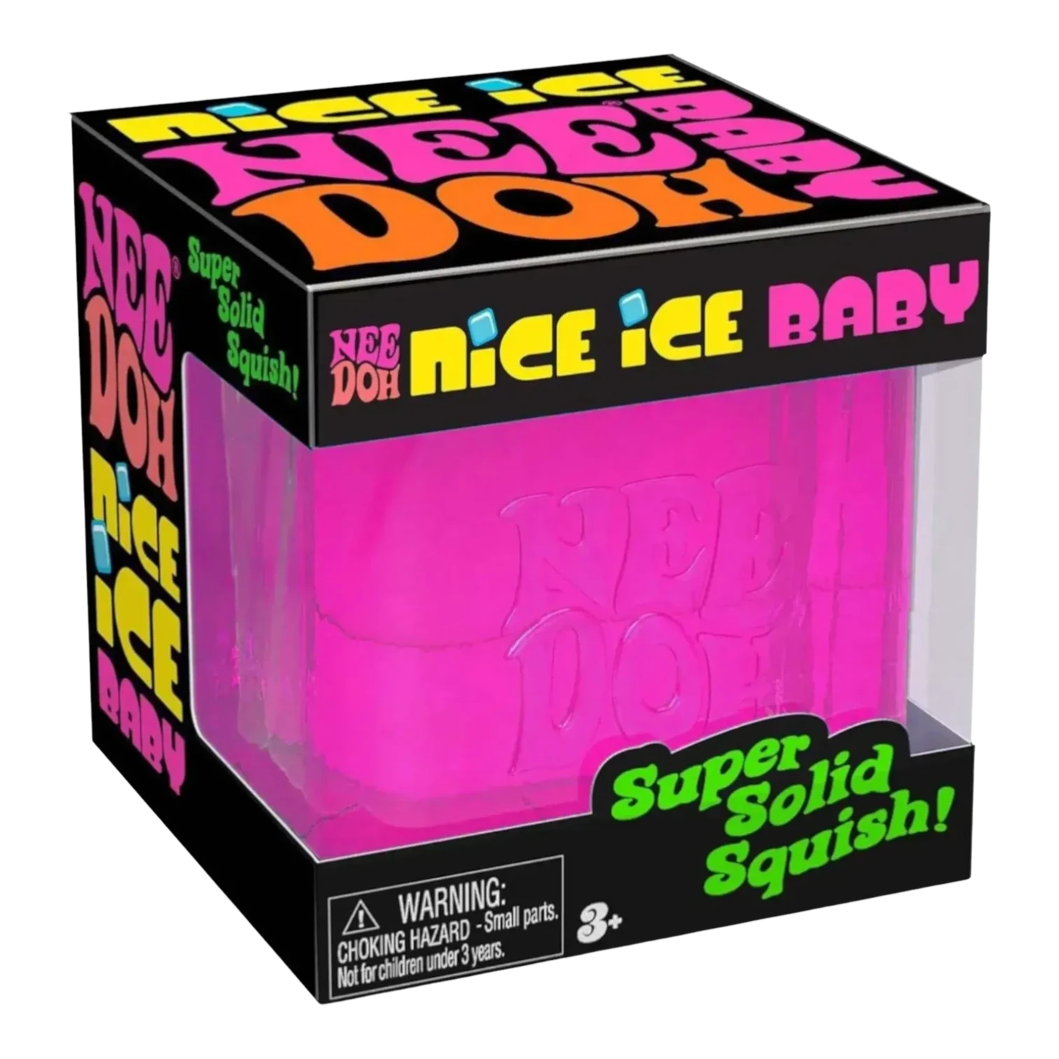 Squish Planet NeeDoh Nice Ice Baby fidget toy, a bright pink, squishy, slow-rising sensory compound toy in its packaging.
