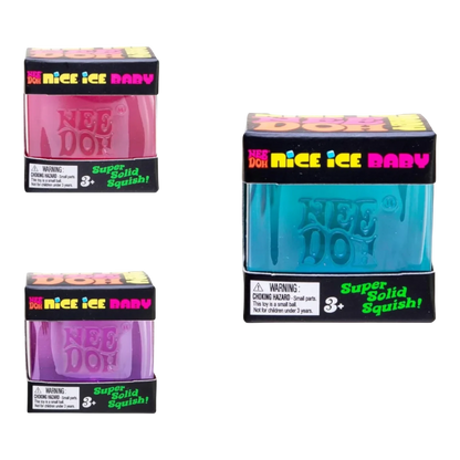 Squish Planet NeeDoh Nice Ice Baby fidget toy in pink, blue, and purple. Soft, squishy, slow-rising stress relief toy.