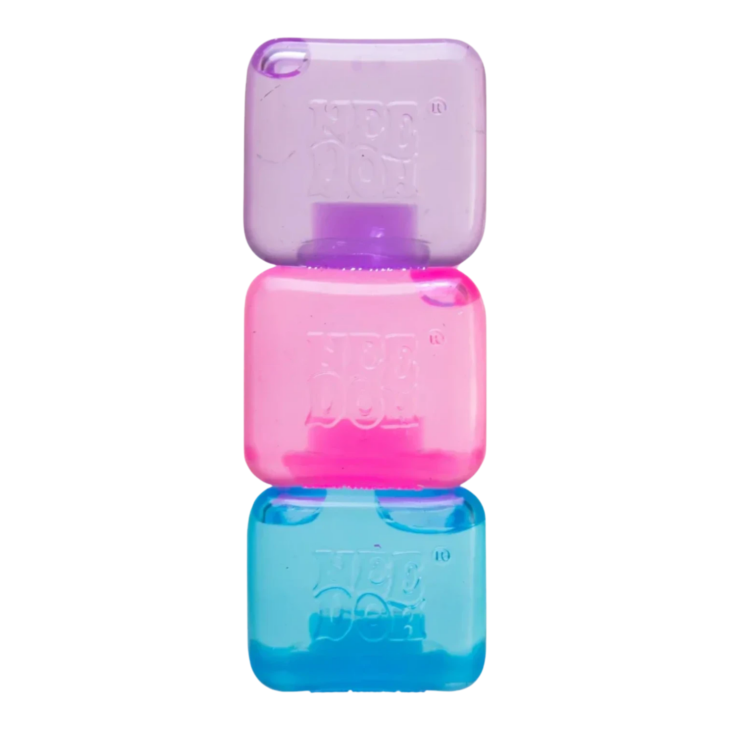 Squish Planet NeeDoh Nice Ice Baby fidget toy, a stack of three squishy cubes in pastel purple, pink, and blue, with embossed branding.