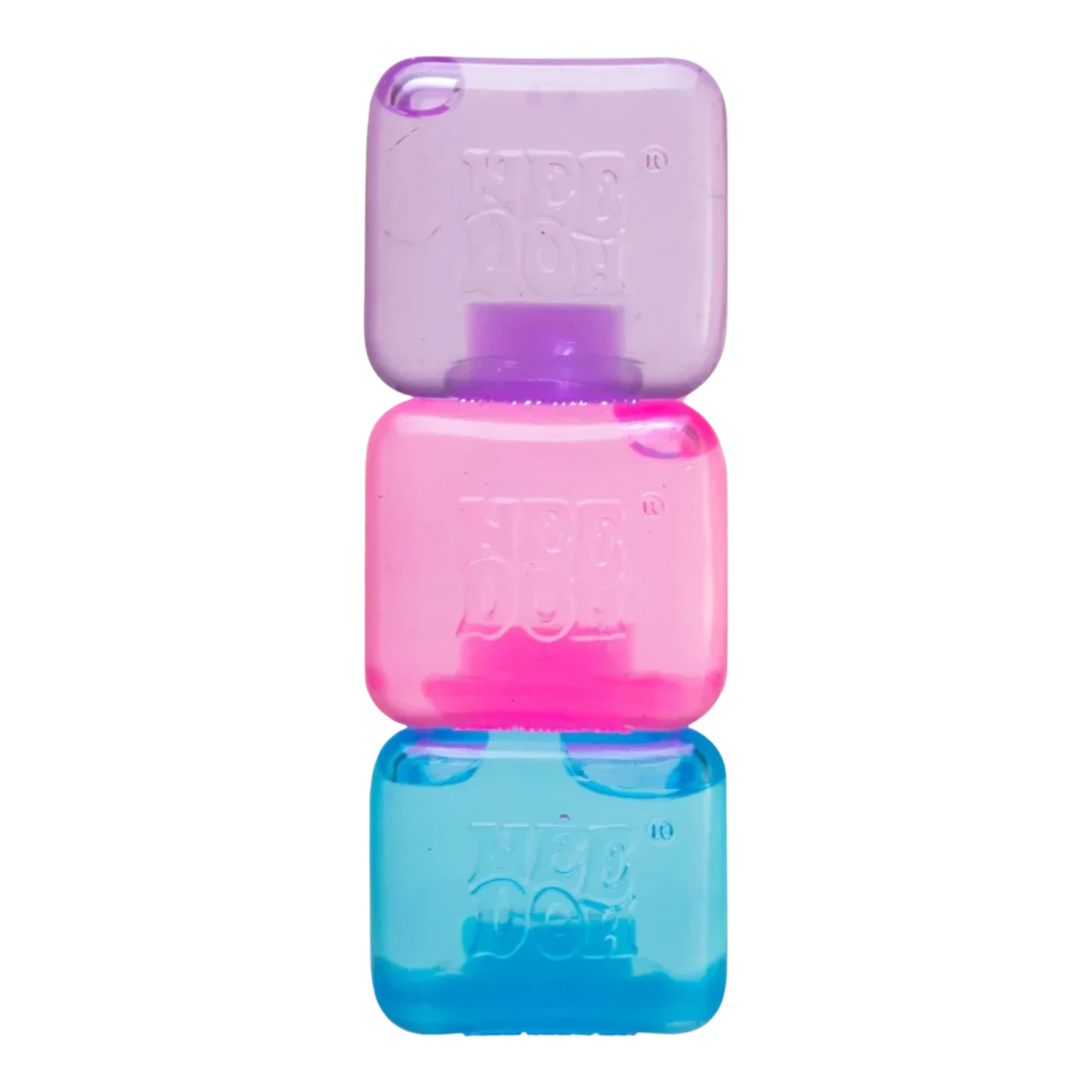 Squish Planet NeeDoh Nice Ice Baby fidget toy, a stack of three squishy cubes in pastel purple, pink, and blue, with embossed branding.