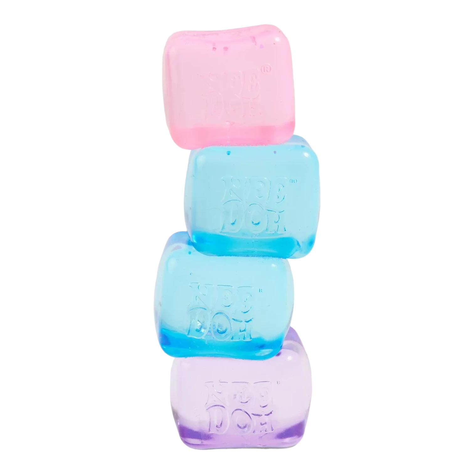 Squish Planet NeeDoh Nice Ice Baby set of 4 squishy fidget toys in pastel pink, light blue, and purple. Soft, slow-rising compound.